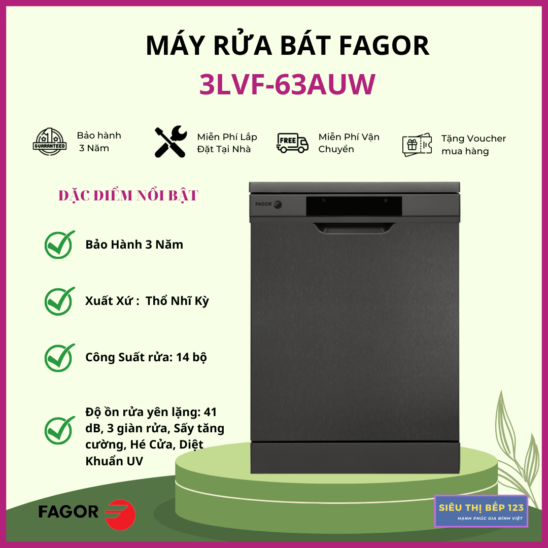 Máy rửa bát Fagor 3LVF-63AUW, Dung tich 14 bộ châu âu, diệt khuẩn UV
