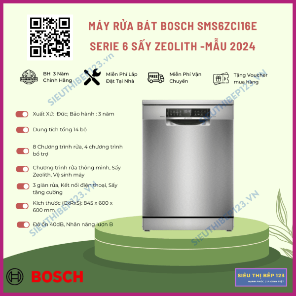 Máy Rửa Bát Bosch Sms6zci16e Serie 6 Sấy Zeolith