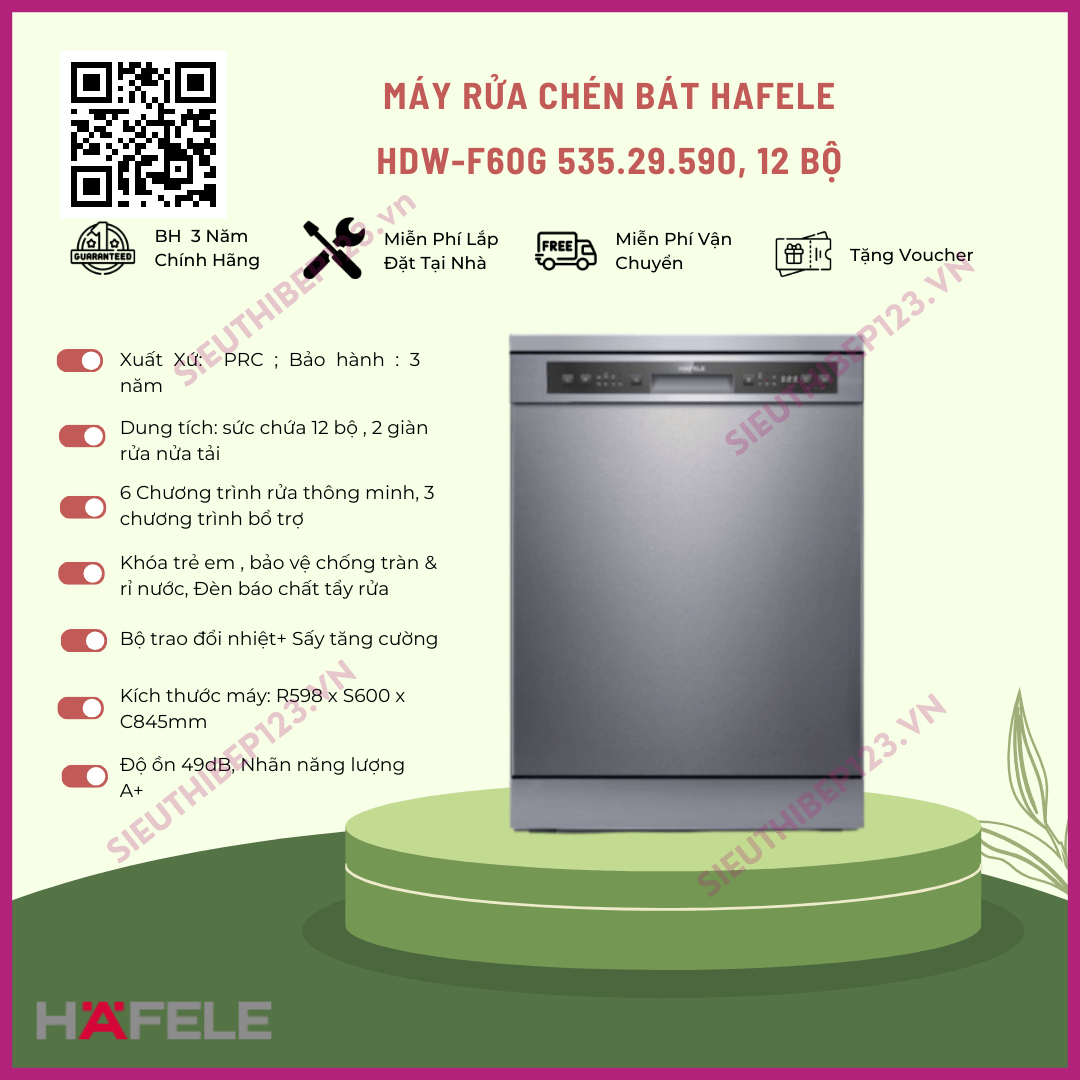 Máy Rửa Bát Hafele HDW-F60G 535.29.590 với 12 bộ 3 Máy Rửa Bát Hafele HDW-F60G 535.29.590 với 12 bộ