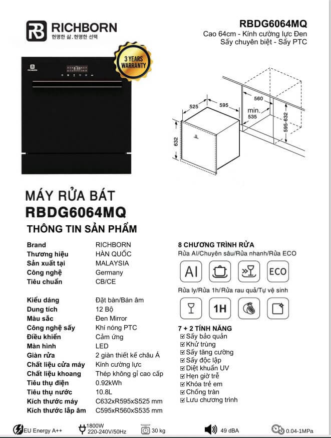 MÁY RỬA BÁT RICHBORN RBDG6064MQ 12 BỘ 5 MÁY RỬA BÁT RICHBORN RBDG6064MQ 12 BỘ