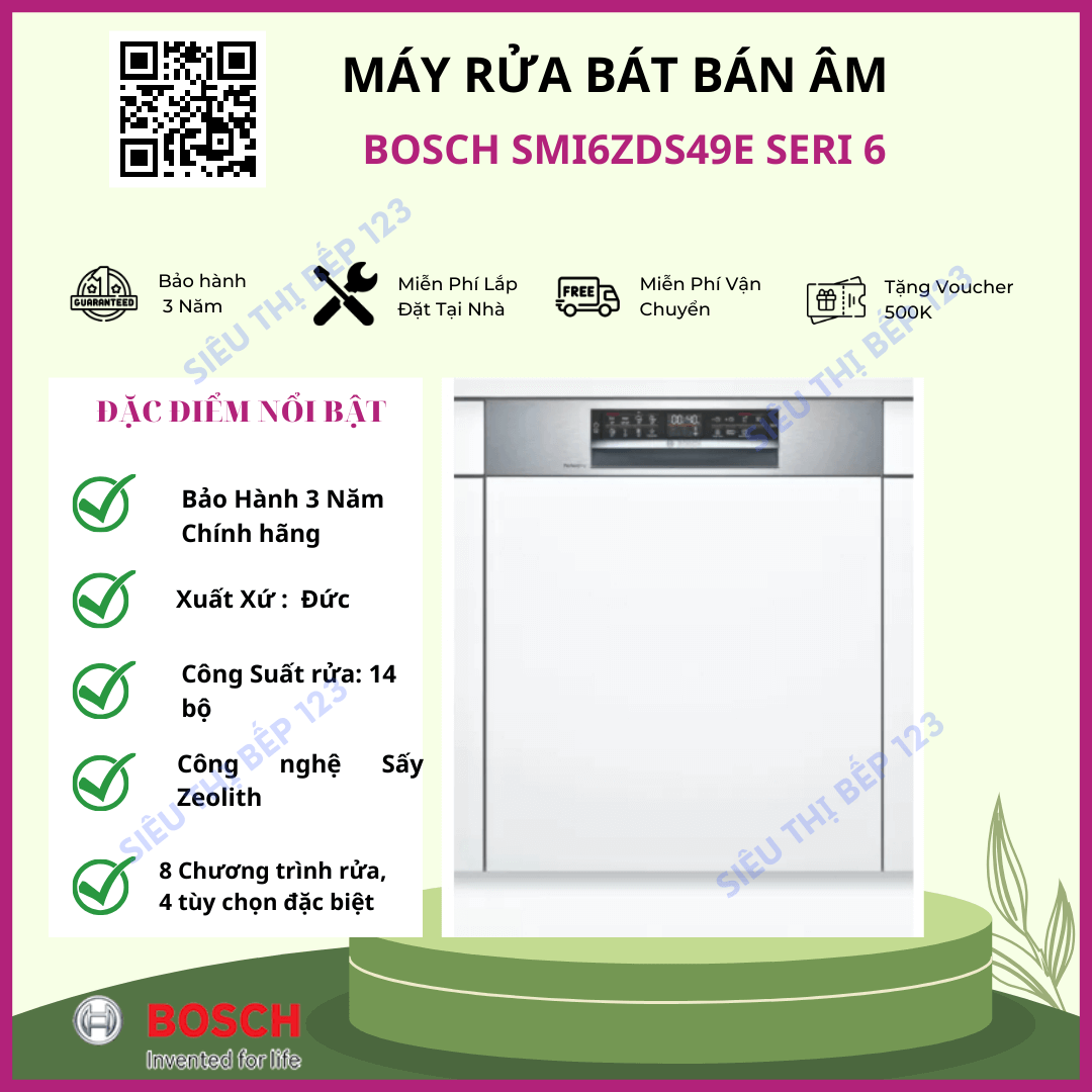 Máy rửa bát âm tủ BOSCH SMI6ZDS49E Serie 6, Sấy Zeolith 3 Máy rửa bát âm tủ BOSCH SMI6ZDS49E Serie 6, Sấy Zeolith